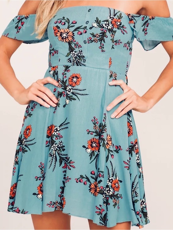 Lulus Dresses & Skirts - Lulus Off-Shoulder Floral Mini Dress in Teal Sz S
